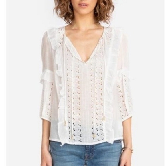 Johnny Was JADE Sarai Ruffle Eyelet Long Sleeve Blouse White Gold tassels - Picture 1 of 6